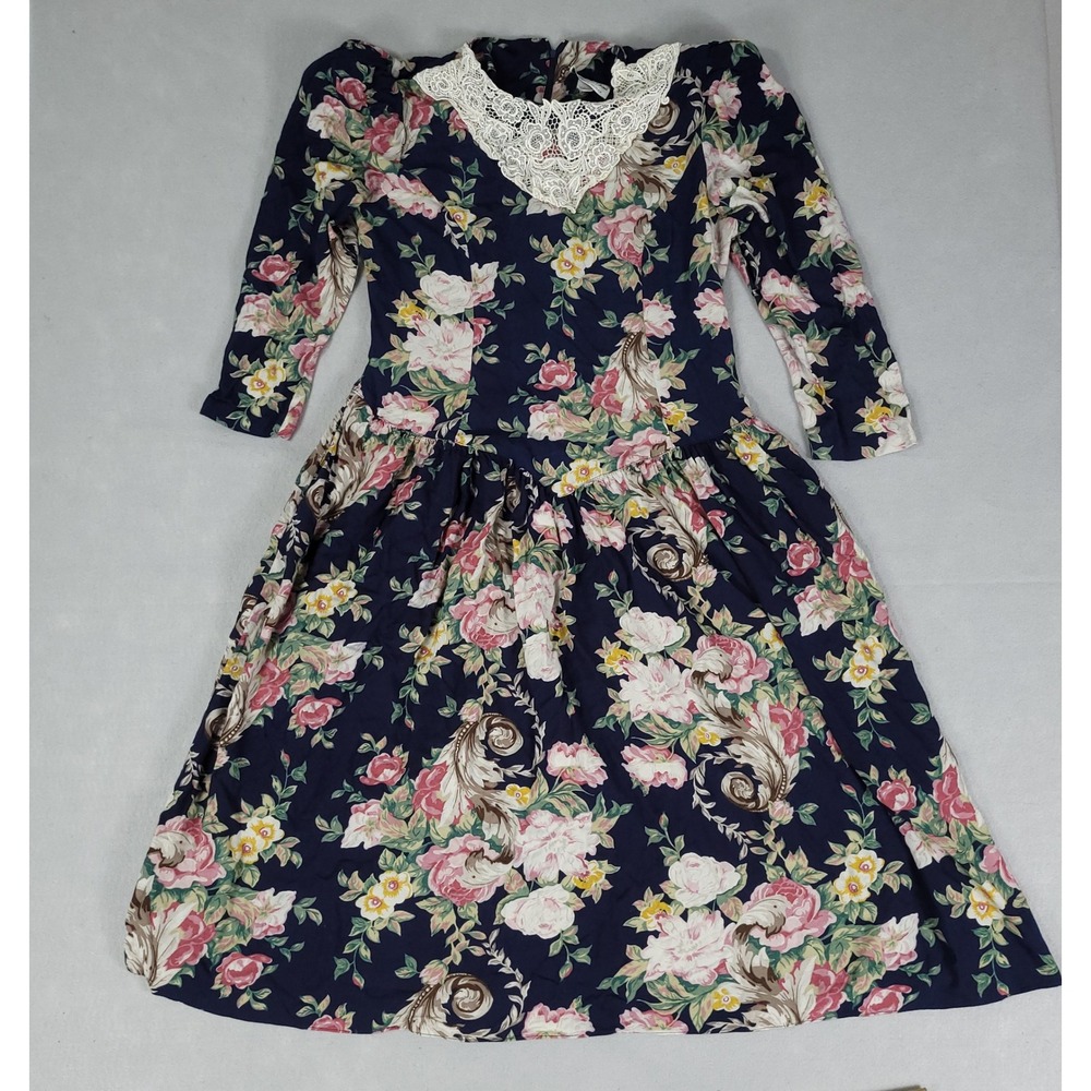 Jeffrey & Dara Dress Womens 15/16 Blue Floral Lace V-Neck Cottage Flare Vintage